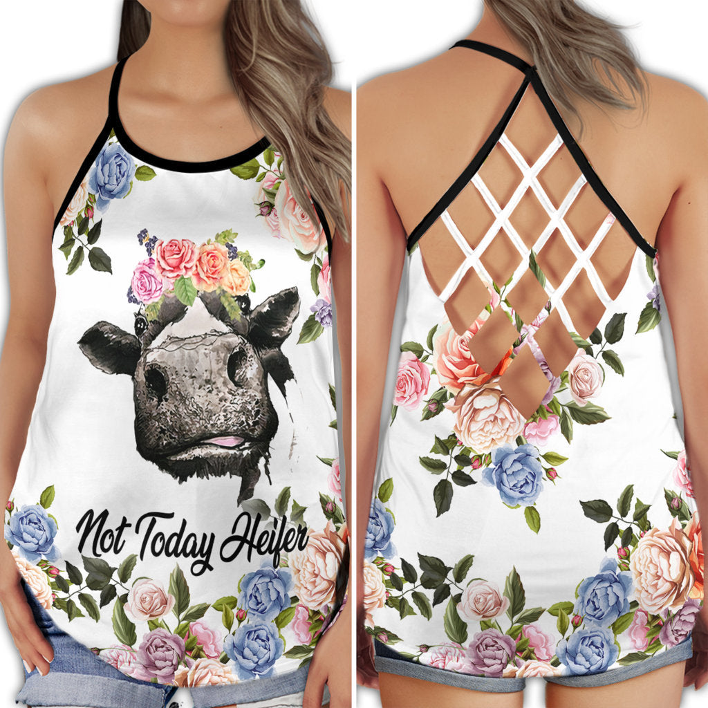 S Cow Love Farm Style With Pretty Flower - Cross Open Back Tank Top - Owls Matrix LTD