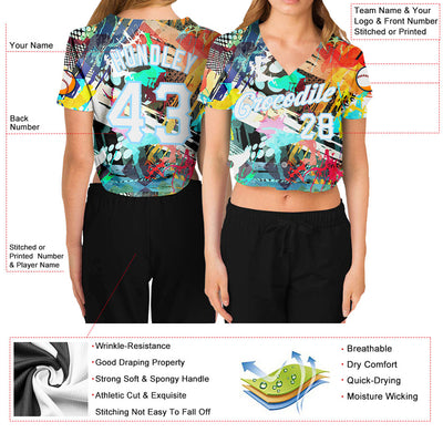 Custom Women's Graffiti Pattern White-Light Blue Colored Abstract 3D V-Neck Cropped Baseball Jersey - Owls Matrix LTD