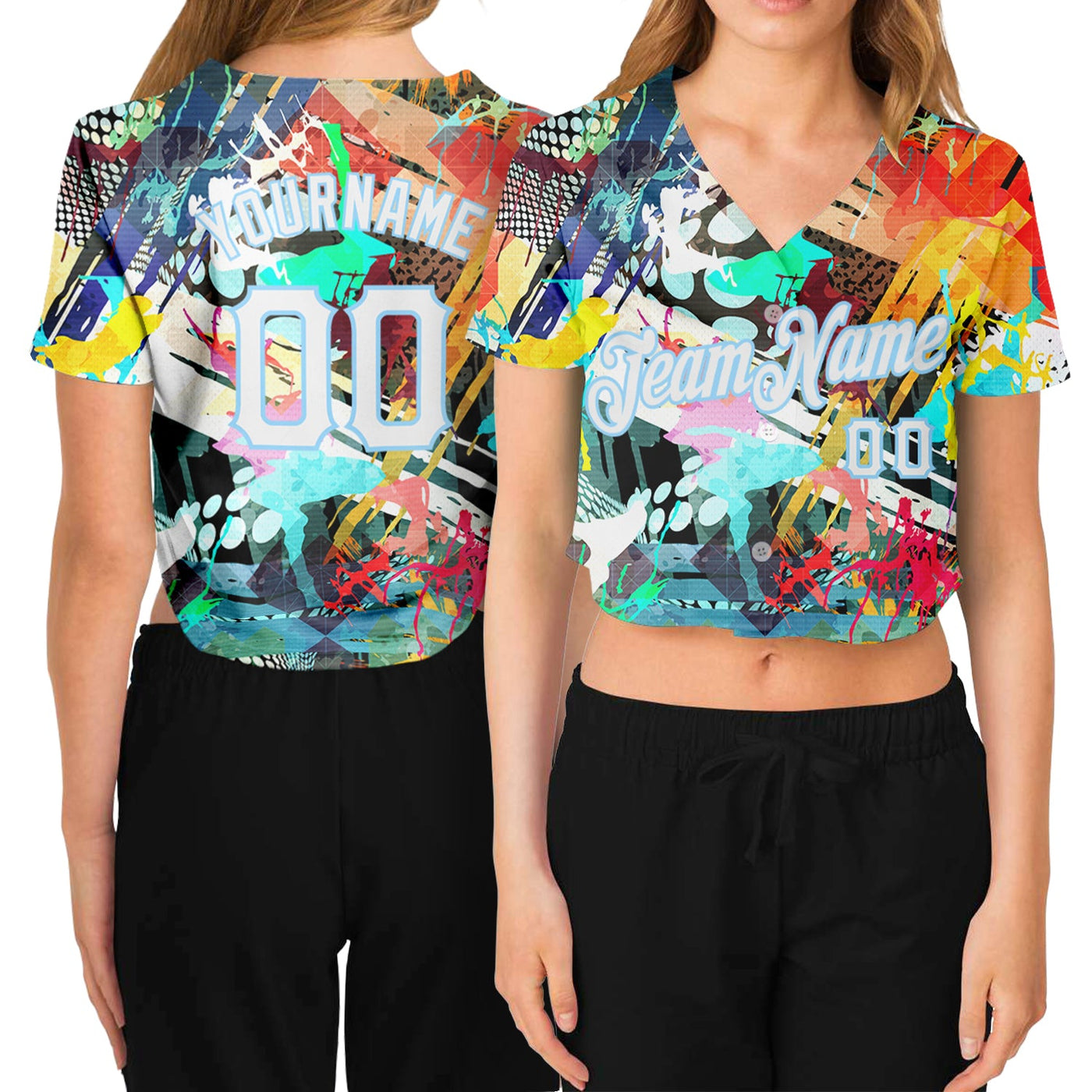 Custom Women's Graffiti Pattern White-Light Blue Colored Abstract 3D V-Neck Cropped Baseball Jersey - Owls Matrix LTD