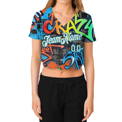 Custom Women's Graffiti Pattern White-Aqua Geometric 3D V-Neck Cropped Baseball Jersey - Owls Matrix LTD