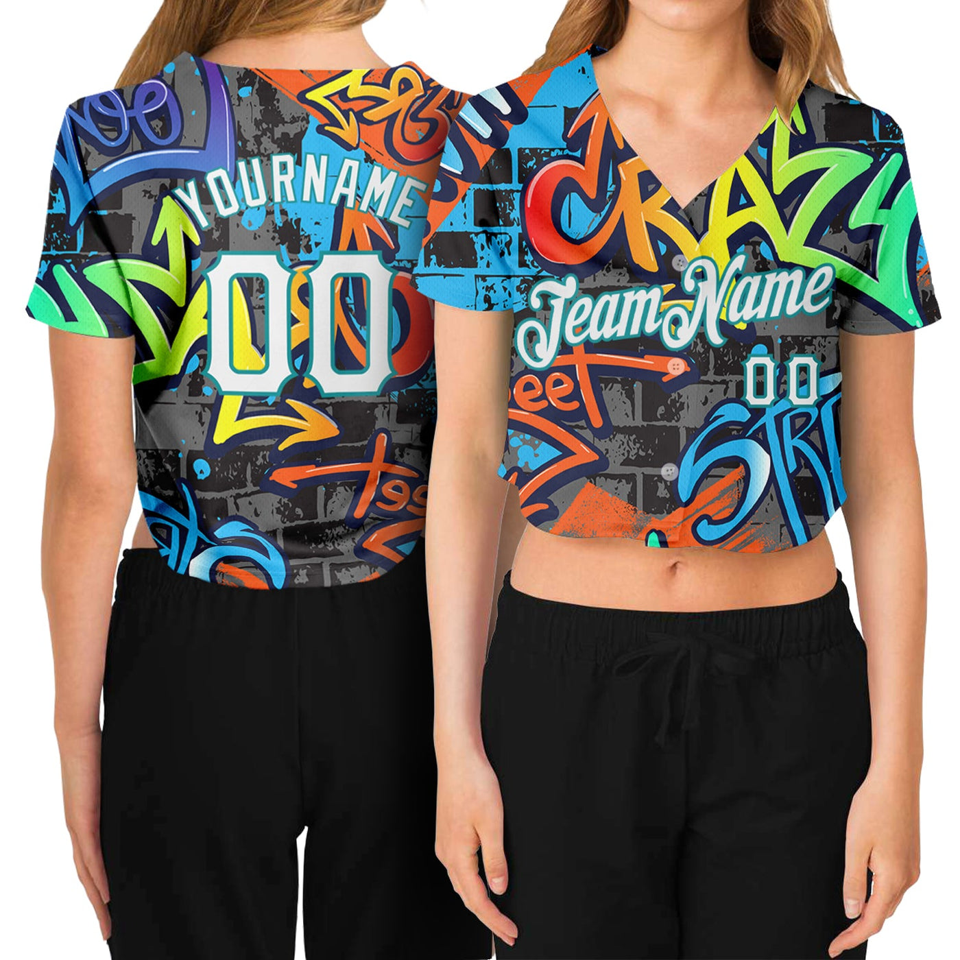 Custom Women's Graffiti Pattern White-Aqua Geometric 3D V-Neck Cropped Baseball Jersey - Owls Matrix LTD