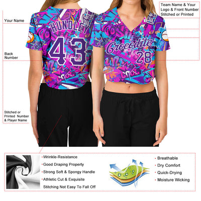 Custom Women's Graffiti Pattern Purple-White Words 3D V-Neck Cropped Baseball Jersey - Owls Matrix LTD