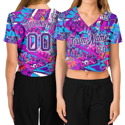 Custom Women's Graffiti Pattern Purple-White Words 3D V-Neck Cropped Baseball Jersey - Owls Matrix LTD