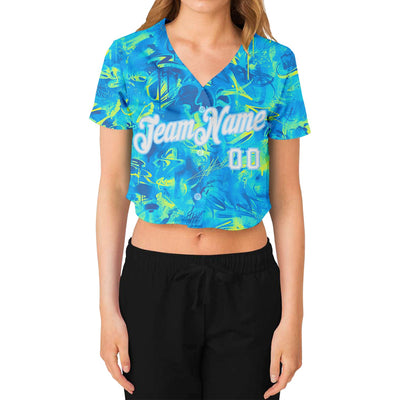 Custom Women's Graffiti Pattern White-Light Blue Scratch 3D V-Neck Cropped Baseball Jersey - Owls Matrix LTD