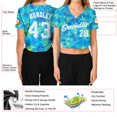 Custom Women's Graffiti Pattern White-Light Blue Scratch 3D V-Neck Cropped Baseball Jersey - Owls Matrix LTD