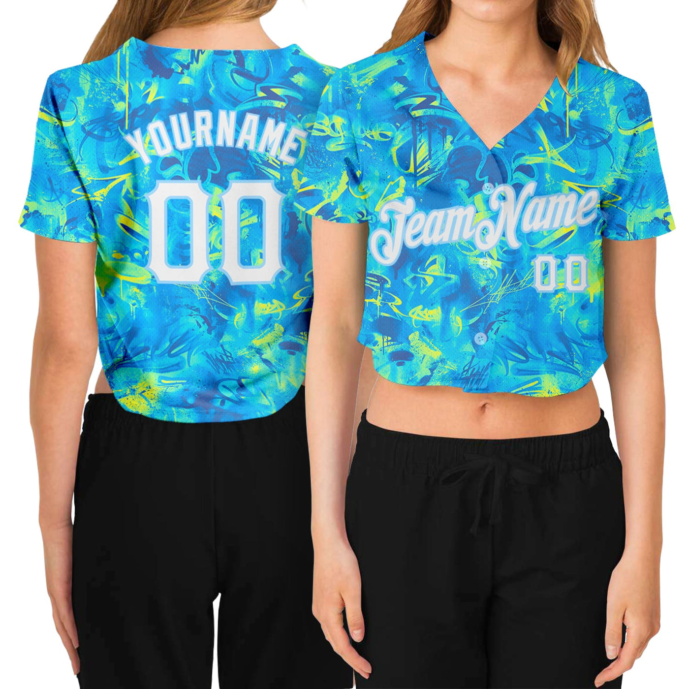 Custom Women's Graffiti Pattern White-Light Blue Scratch 3D V-Neck Cropped Baseball Jersey - Owls Matrix LTD