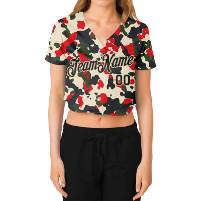 Custom Women's Camo Black-Cream Salute To Service V-Neck Cropped Baseball Jersey - Owls Matrix LTD