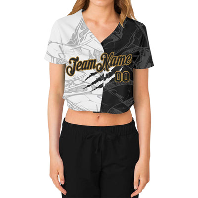 Custom Women's Graffiti Pattern Black-Old Gold Scratch 3D V-Neck Cropped Baseball Jersey - Owls Matrix LTD