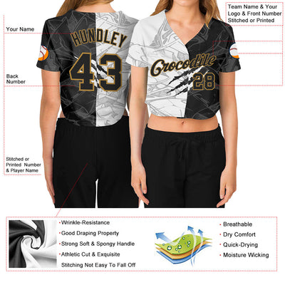 Custom Women's Graffiti Pattern Black-Old Gold Scratch 3D V-Neck Cropped Baseball Jersey - Owls Matrix LTD