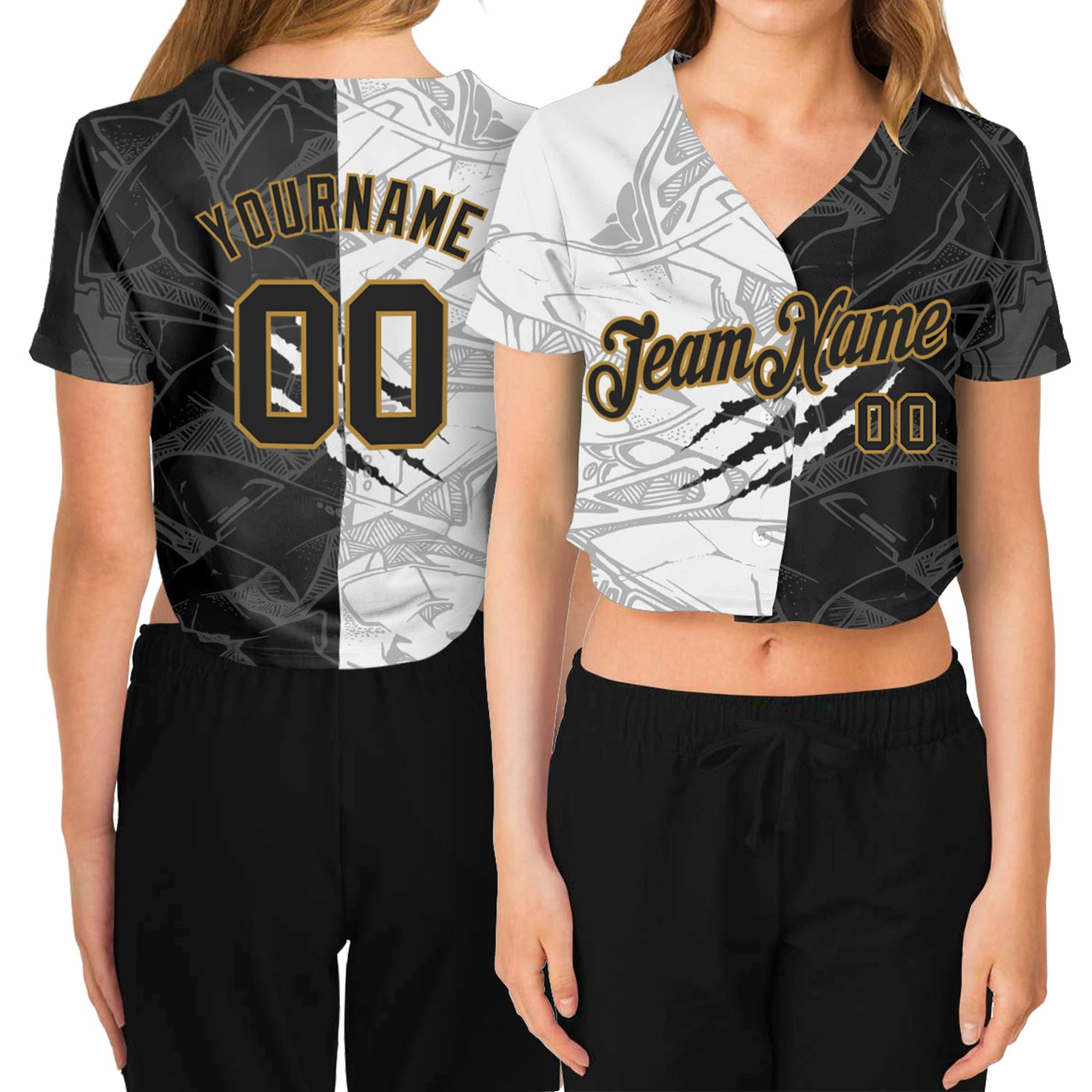 Custom Women's Graffiti Pattern Black-Old Gold Scratch 3D V-Neck Cropped Baseball Jersey - Owls Matrix LTD