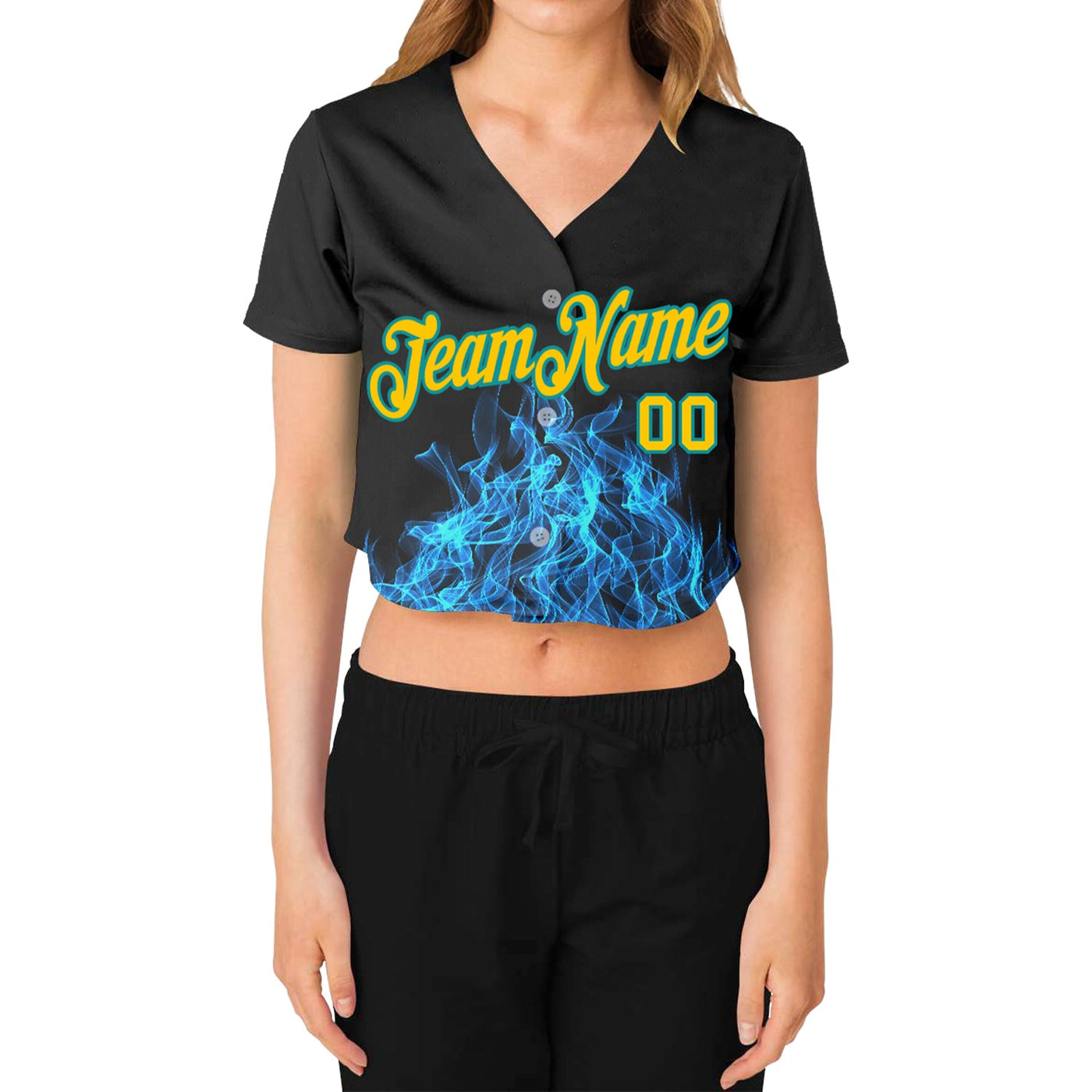 Custom Women's Black Gold-Aqua Flame 3D V-Neck Cropped Baseball Jersey - Owls Matrix LTD
