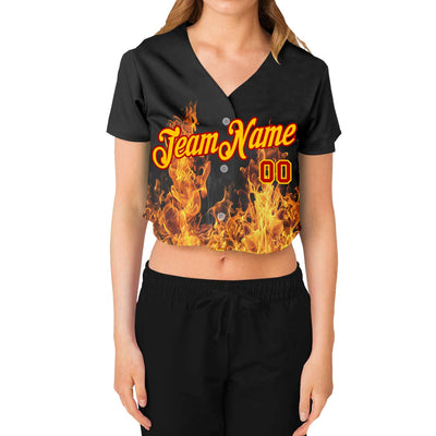 Custom Women's Black Gold-Red Flame 3D V-Neck Cropped Baseball Jersey - Owls Matrix LTD