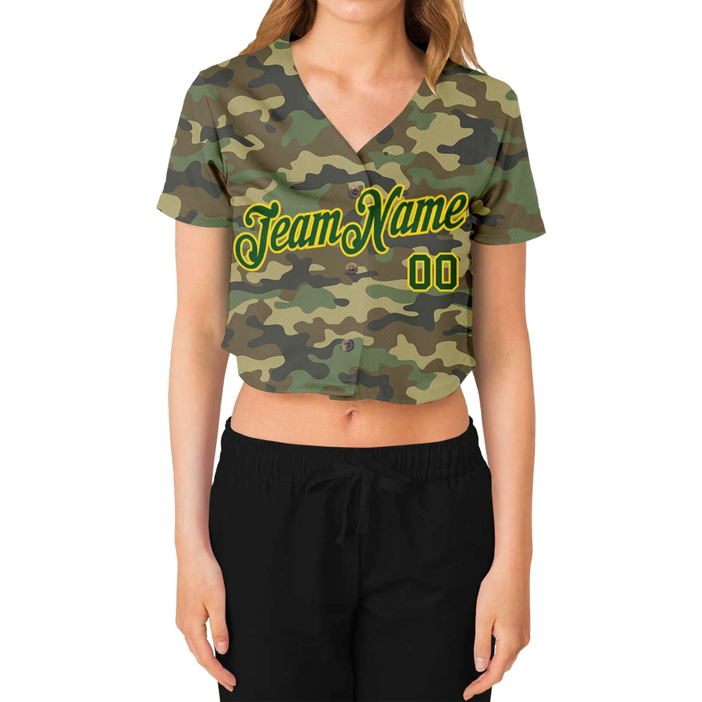 Custom Women's Camo Green-Gold Salute To Service V-Neck Cropped Baseball Jersey - Owls Matrix LTD