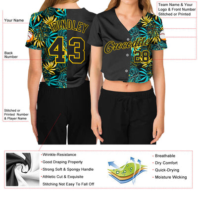 Custom Women's Black Black-Gold Tropical Plants 3D V-Neck Cropped Baseball Jersey - Owls Matrix LTD
