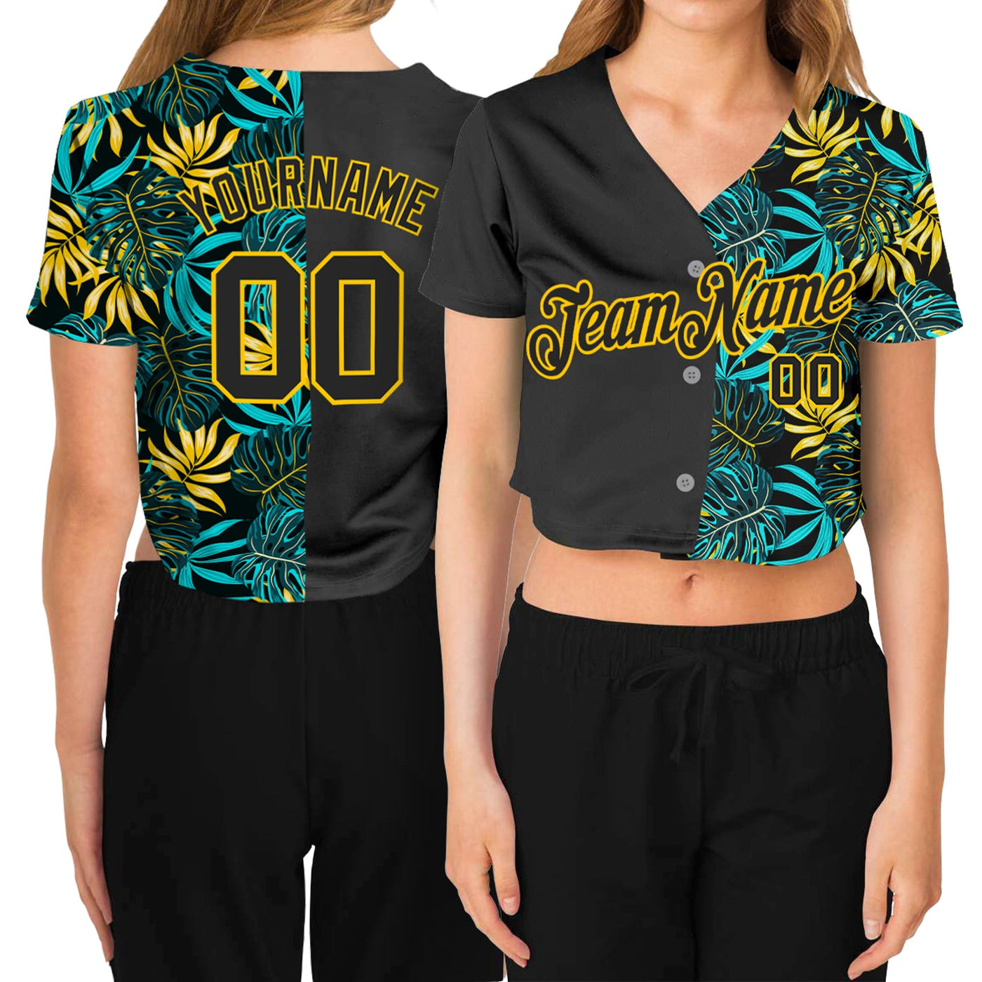 Custom Women's Black Black-Gold Tropical Plants 3D V-Neck Cropped Baseball Jersey - Owls Matrix LTD