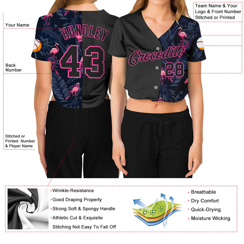 Custom Women's Black Black-Pink Flamingo 3D V-Neck Cropped Baseball Jersey - Owls Matrix LTD