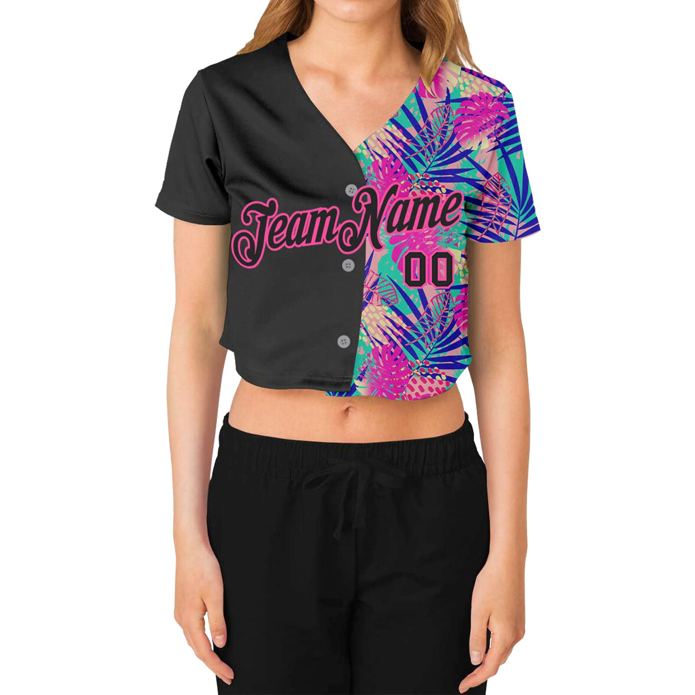Custom Women's Black Black-Pink Summer 3D V-Neck Cropped Baseball Jersey - Owls Matrix LTD