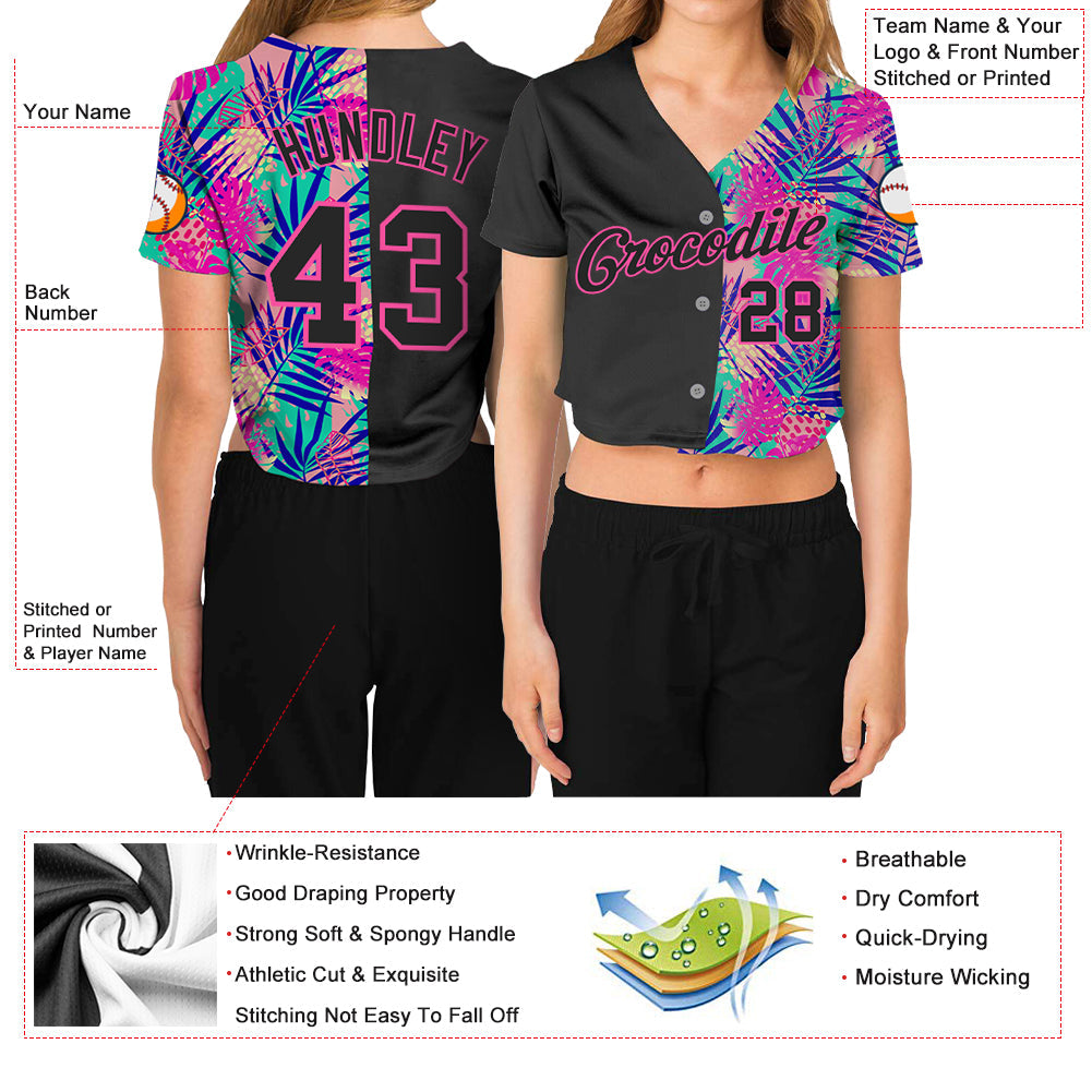 Custom Women's Black Black-Pink Summer 3D V-Neck Cropped Baseball Jersey - Owls Matrix LTD