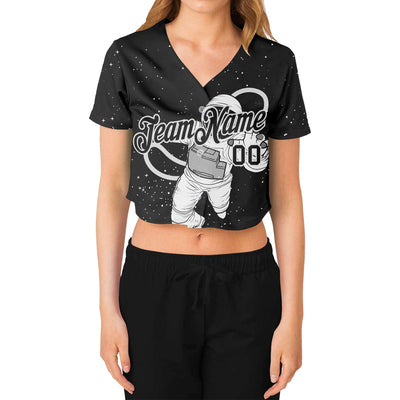 Custom Women's Black Black-White Astronaut 3D V-Neck Cropped Baseball Jersey - Owls Matrix LTD