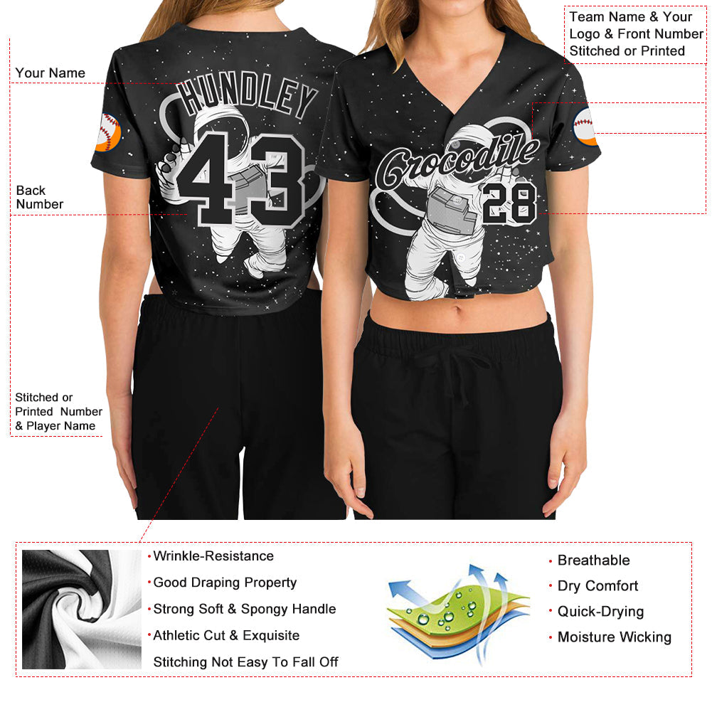 Custom Women's Black Black-White Astronaut 3D V-Neck Cropped Baseball Jersey - Owls Matrix LTD