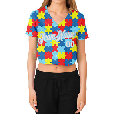 Custom Women's Autism Awareness Puzzle Pieces White-Light Blue 3D V-Neck Cropped Baseball Jersey - Owls Matrix LTD