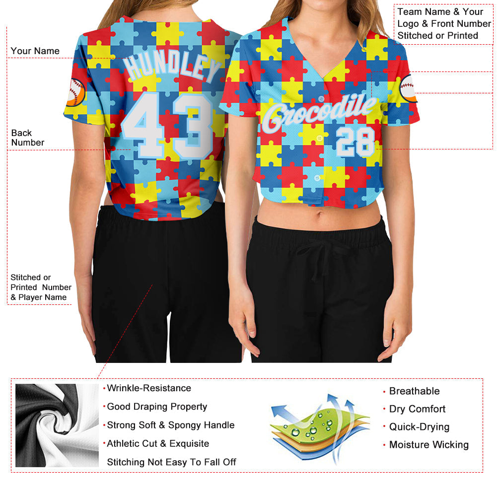 Custom Women's Autism Awareness Puzzle Pieces White-Light Blue 3D V-Neck Cropped Baseball Jersey - Owls Matrix LTD