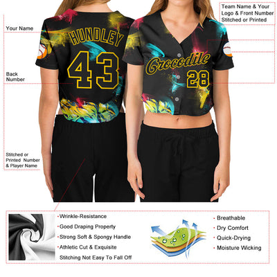 Custom Women's Graffiti Pattern Black-Gold 3D V-Neck Cropped Baseball Jersey - Owls Matrix LTD