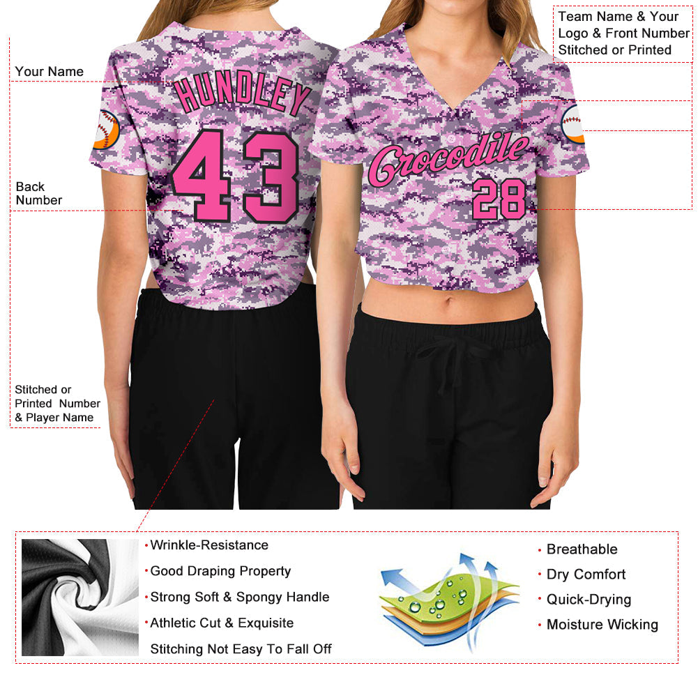 Custom Women's Camo Pink-Black Salute To Service V-Neck Cropped Baseball Jersey - Owls Matrix LTD