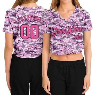 Custom Women's Camo Pink-Black Salute To Service V-Neck Cropped Baseball Jersey - Owls Matrix LTD