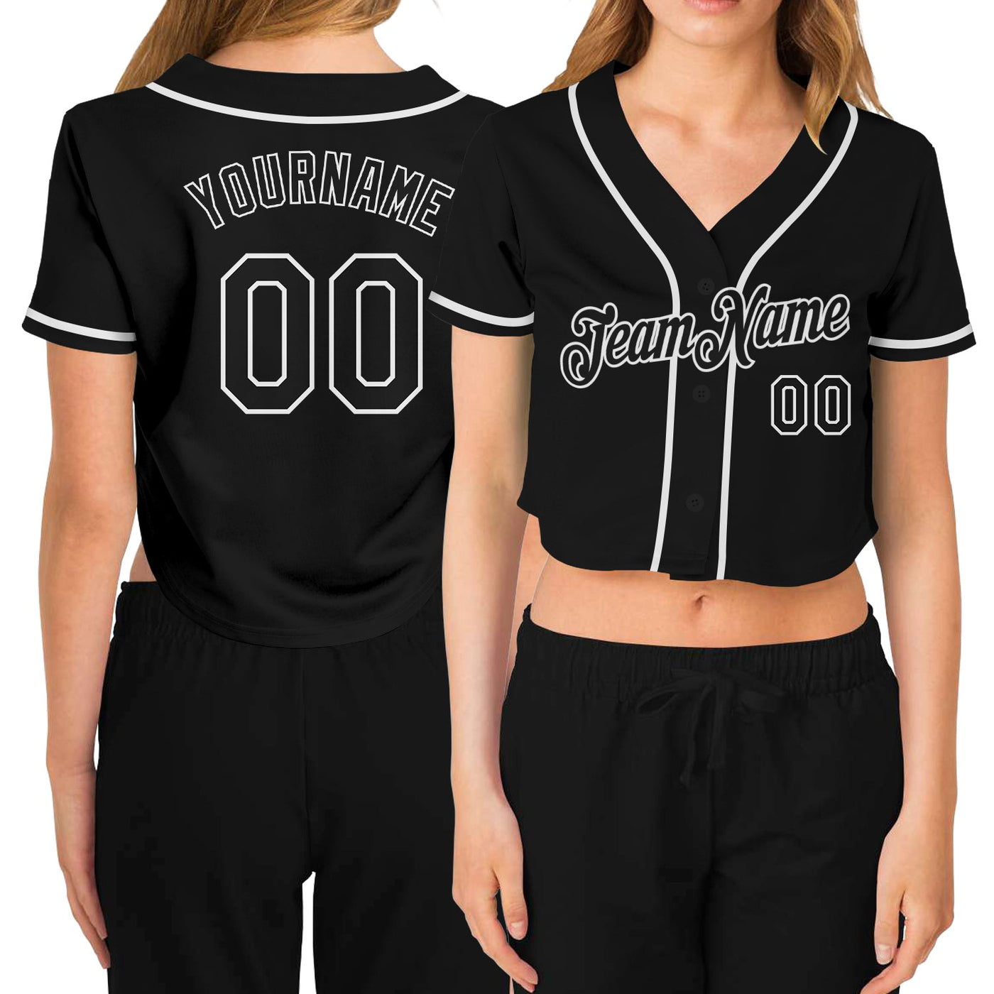 Custom Women's Black Black-White V-Neck Cropped Baseball Jersey - Owls Matrix LTD