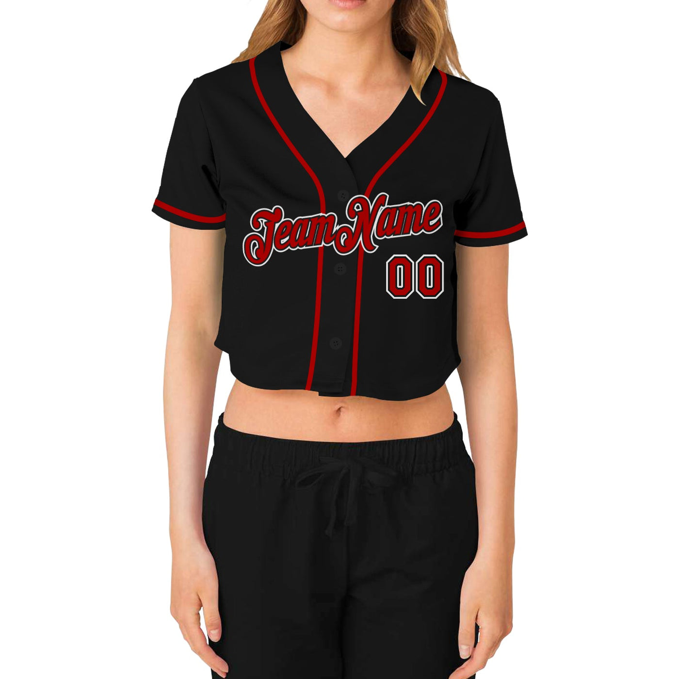 Custom Women's Black Red-White V-Neck Cropped Baseball Jersey - Owls Matrix LTD