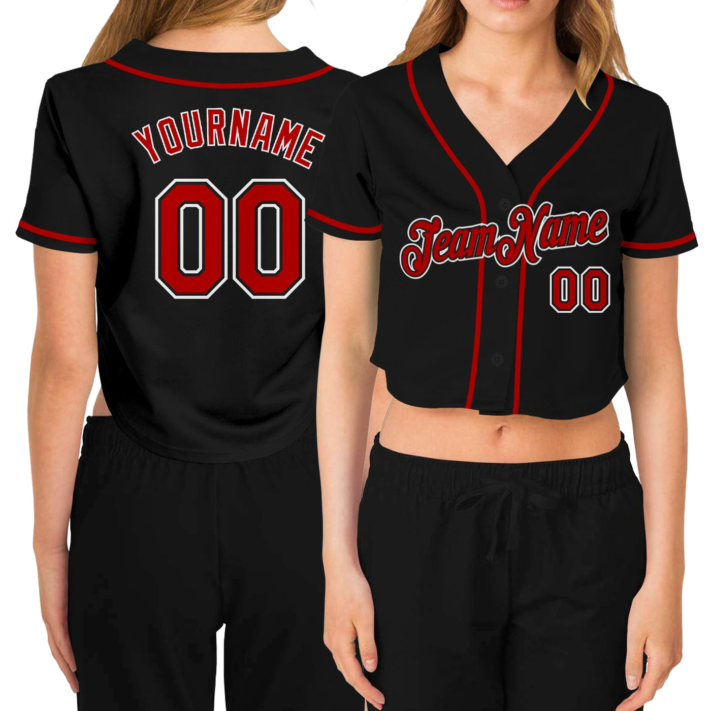 Custom Women's Black Red-White V-Neck Cropped Baseball Jersey - Owls Matrix LTD