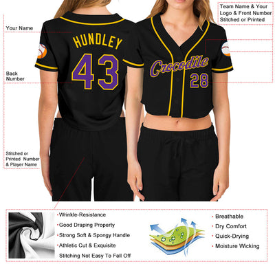 Custom Women's Black Purple-Gold V-Neck Cropped Baseball Jersey - Owls Matrix LTD
