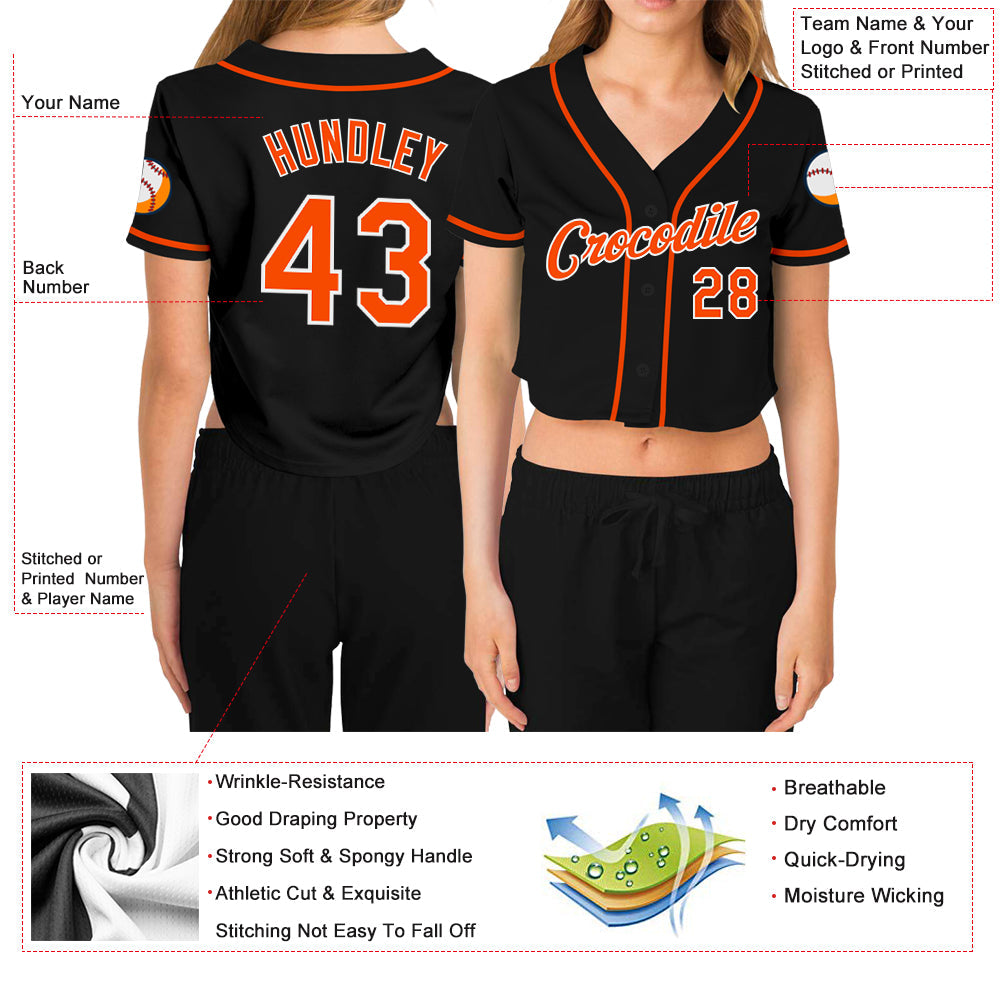 Custom Women's Black Orange-White V-Neck Cropped Baseball Jersey - Owls Matrix LTD
