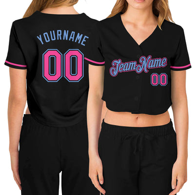 Custom Women's Black Pink-Light Blue V-Neck Cropped Baseball Jersey - Owls Matrix LTD