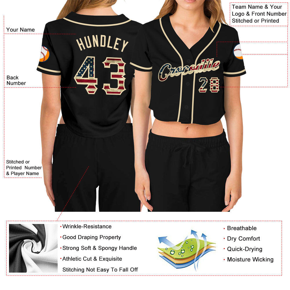 Custom Women's Black Vintage USA Flag-Cream V-Neck Cropped Baseball Jersey - Owls Matrix LTD
