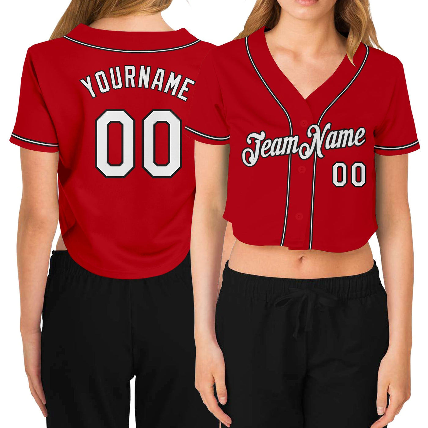 Custom Women's Red White-Black V-Neck Cropped Baseball Jersey - Owls Matrix LTD