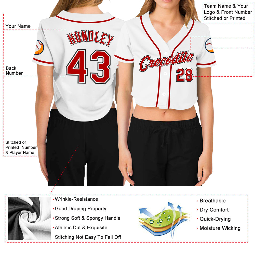 Custom Women's White Red-Black V-Neck Cropped Baseball Jersey - Owls Matrix LTD