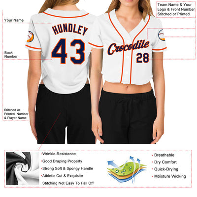 Custom Women's White Navy-Orange V-Neck Cropped Baseball Jersey - Owls Matrix LTD