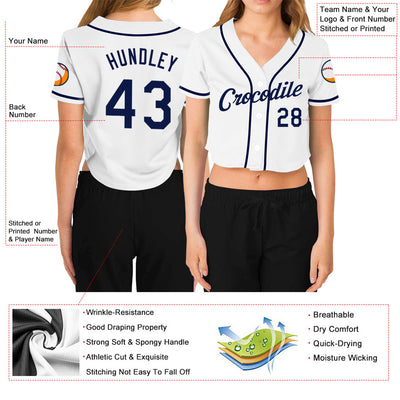 Custom Women's White Navy V-Neck Cropped Baseball Jersey - Owls Matrix LTD