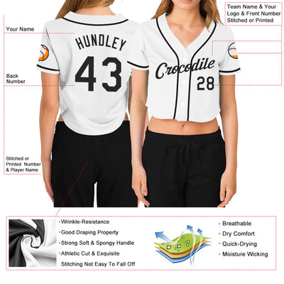Custom Women's White Black V-Neck Cropped Baseball Jersey - Owls Matrix LTD