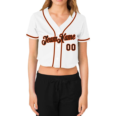 Custom Women's White Black-Orange V-Neck Cropped Baseball Jersey - Owls Matrix LTD