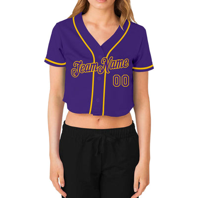 Custom Women's Purple Purple-Gold V-Neck Cropped Baseball Jersey - Owls Matrix LTD