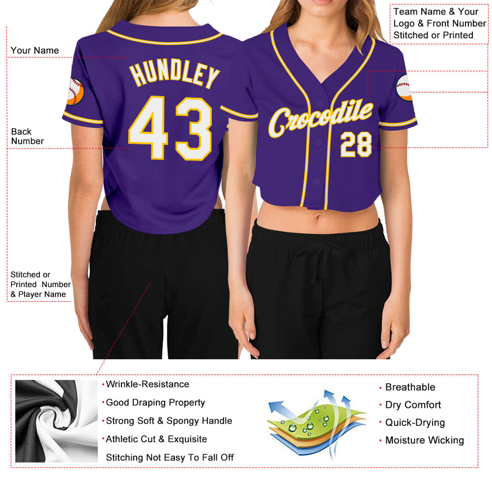 Custom Women's Purple White-Gold V-Neck Cropped Baseball Jersey - Owls Matrix LTD