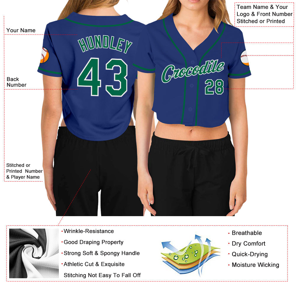 Custom Women's Royal Kelly Green-White V-Neck Cropped Baseball Jersey - Owls Matrix LTD