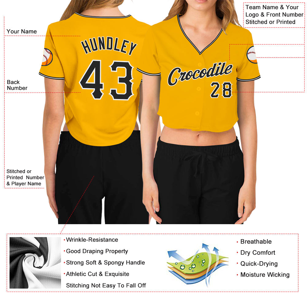 Custom Women's Gold Black-White V-Neck Cropped Baseball Jersey - Owls Matrix LTD