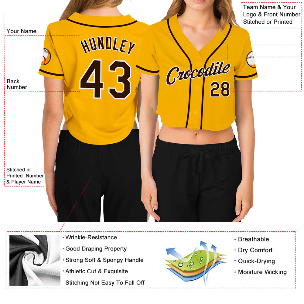 Custom Women's Gold Brown-White V-Neck Cropped Baseball Jersey - Owls Matrix LTD