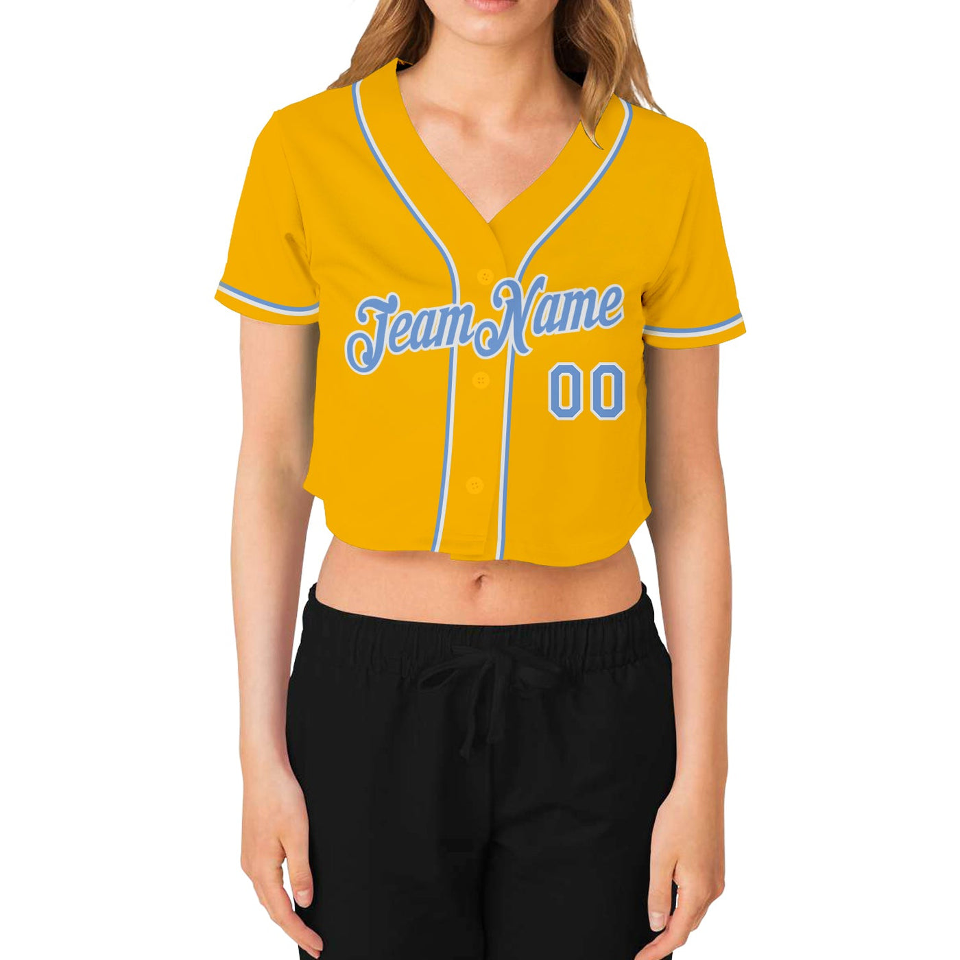Custom Women's Gold Light Blue-White V-Neck Cropped Baseball Jersey - Owls Matrix LTD