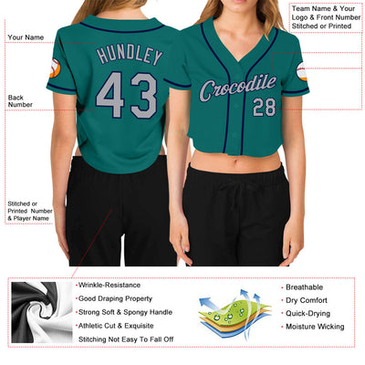 Custom Women's Aqua Gray-Navy V-Neck Cropped Baseball Jersey - Owls Matrix LTD