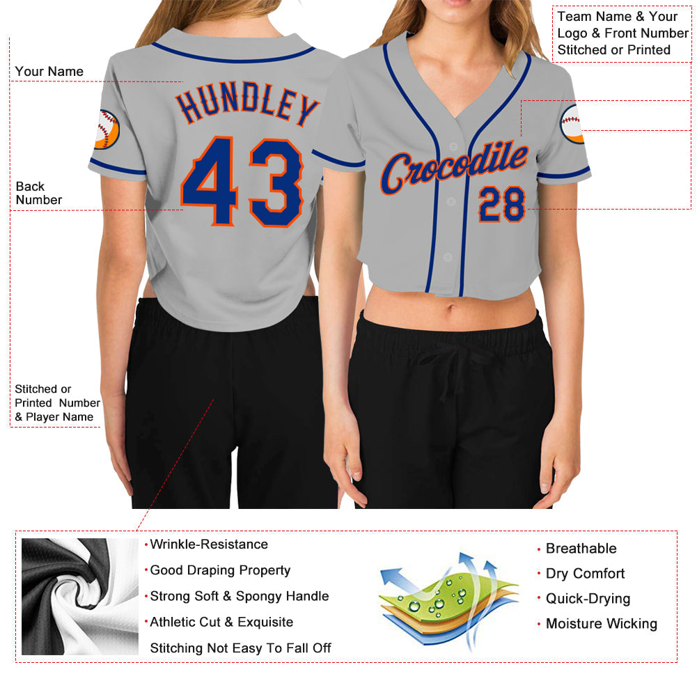 Custom Women's Gray Royal-Orange V-Neck Cropped Baseball Jersey - Owls Matrix LTD